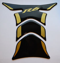 Load image into Gallery viewer, Piano Black + matt Gold tank Protector pad Decal Sticker fits Yamaha YZF R6 R-6