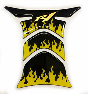 fit Yamaha YZF R1 Piano Black +yellow flames tank Protector pad Decal Sticker